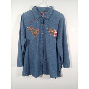 Vintage Denim Christmas Button Down Shirt Women's Plus Sz XL16/18 Reindeer Santa
